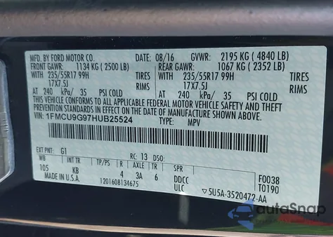 2017 Ford Escape Se z USA, uszkodzony, nr VIN 1FMCU9G97HUB25524